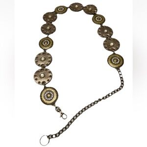 Vintage Concho Chain Belt Medallion Leather Brass Rhinestone Western Cowgirl